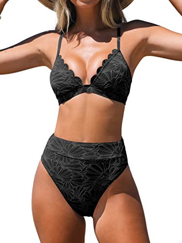 CUPSHE Damen Bikini Set Triangel Wellenkanten High Waist Bademode Jacquard Blumenmuster Zweiteiliger Badeanzug Swimsuit Schwarz M