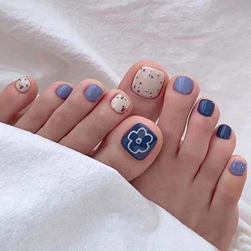 24Pcs French Square False Toenails Glossy Press on Toenails Cute Flower Stick on Toenails Short Acrylic Full Cover Artificial Summer Fake Toenails for Women and Girls Daily Decorations