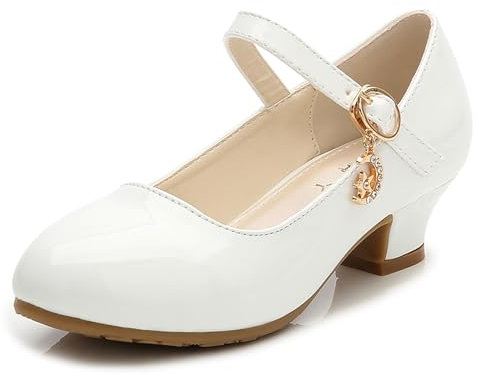 New front Scarpe Eleganti per Ragazze Scarpe col Tacco per Bambine Pelle Verniciata Suola Antiscivolo Feste di Compleanno Feste a Tema Abito da Principessa Estate Bianco Brillante 36