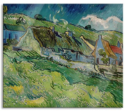 Vincent Van Gogh - Strohgedeckte Landhäuser Herdabdeckplatte & Spritzschutz aus Echtglas | Für Herd-Kochfelder | 60x52 cm