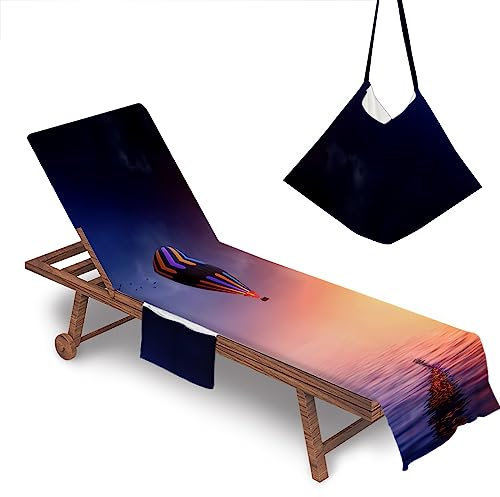 Chickwin Beach Towel for Sun Lounger Cover/Bag With Pockets Microfiber Pool Chair Towel Sunbathing Lounge Chaise Recliner Cover Towel for Vacation Holidays Travel Garden (75x210cm,Hot Air Balloon 6)