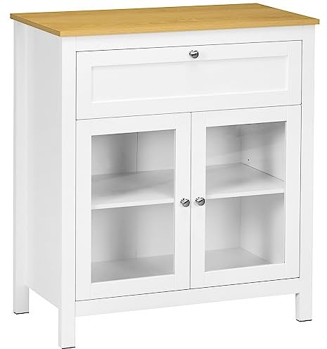 HOMCOM Aparador de Cocina Moderno Mueble Buffet Auxiliar con Cajón Estante Ajustable y 2 Puertas de Vidrio Armario de Almacenamiento para Salón Comedor 80x40x90 cm Blanco