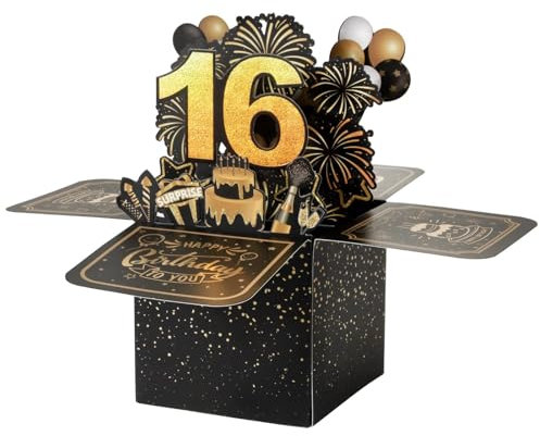 BOFUNX Biglietto Auguri 16 Anni Pop Up 3D Biglietto Auguri di Compleanno Regalo Cartolino Happy Birthday, Gadget Compleanno 16 Anni per Famiglia Amica Festa