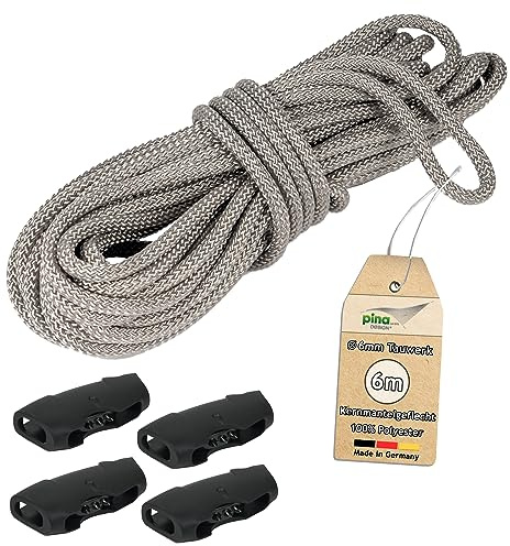 6m Seil Ø6mm Polyester Silbergrau für Sonnensegel, Boote (+ 4 Seilklemmen) | Kernmantel Tauwerk für Flaschenzug, Seilzug, Umlenkrolle, Made in Germany, 800 kg Reißlast. Witterungsfest, UV-beständig