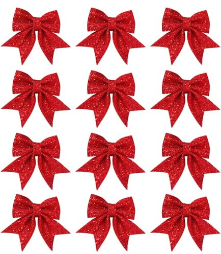 12Pcs rote Weihnachtsschleifen für Baumdekorationen, 14 cm große Weihnachtskränze, für Dekorationen, Pailletten-Fliegen, Weihnachtsdekorationsschleifen für Zuhause, Weihnachtsbaum-Party-Geschenk