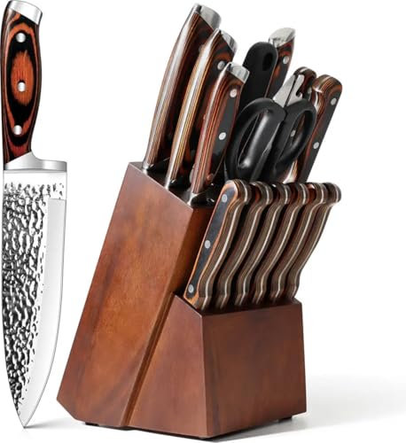 Royal Swiss® Ensemble de couteaux avec bloc - Ensemble de couteaux de chef avec bloc de couteaux - (15 pièces) - Martelé - Acier inoxydable - Marron
