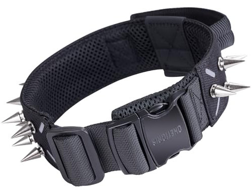 OneTigris Hundehalsband mit Nieten, Taktisches Spiked-Halsband für Mittel und Große Hunde 16 Abnehmbare Stachelnieten Schwarz XL