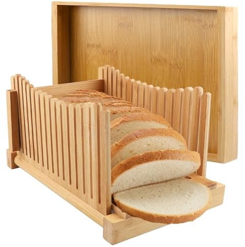 Bamboo Bread Slicer with 3 Adjustable Thickness, Foldable Compact Cutting Guide with Crumb Tray, Easy to Slice Homemade Bread, Bagels, Cakes