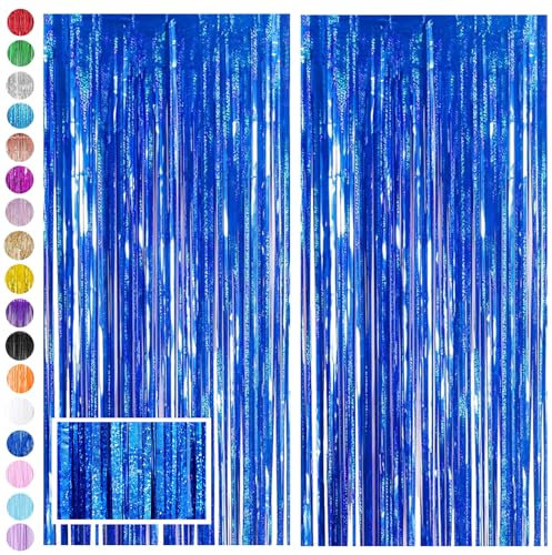 Dark Blue Foil Fringe Tinsel Backdrop Glitter,2pcs 3.2ft x 6.5ft Blue Foil Curtain Decoration,Laser Foil Fringe Metallic Tinsel Door Hanging Foil Flow Silk Streamers for Birthday Wedding Holiday Party