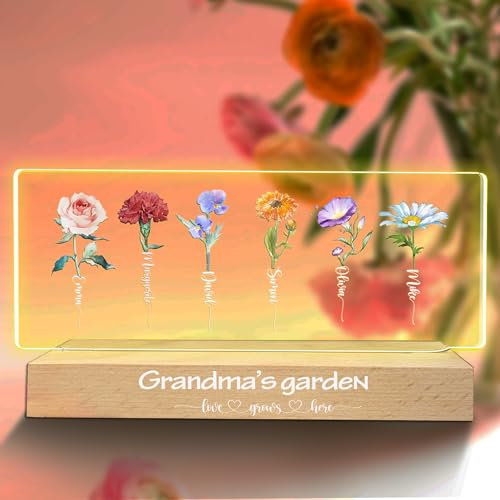 Personalisierte Mama Blume Lampe, benutzerdefinierte Geburtsmonat Blume Acryl LED-Nachtlicht, Geburtsmonat Blume Mama Nachtlicht mit Kindern Namen, kundengebundene Muttertag Geschenk für Mama Oma