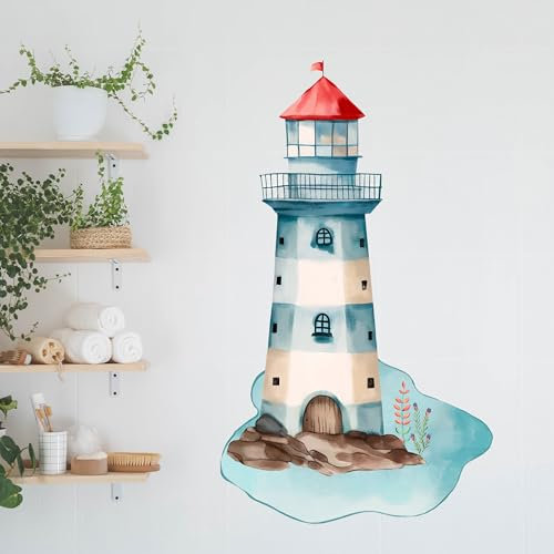 GRAZDesign Wandtattoo Leuchtturm maritim Bad, Wandaufkleber Badezimmer Flur Schlafzimmer, Folie selbstklebend - 84x50cm / mehrfarbig