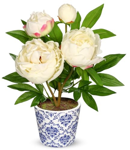 Hollyone Künstliche Pfingstrose im Topf, Kunstblumen Pfingstrosen Weiß Deko Blume mit Topf Seidenblume für Fensterbank Haus Bad Büro Tisch Dekoration