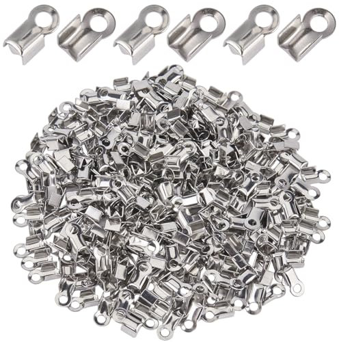 SOFPLATE 1 Box 300Pcs 3mm Fold Over Cord Ends Crimp End Tips Stainless Steel Fold-over End Caps Terminators Crimps Cord Ends jewellery Connector Findings for jewellery Making Supplies DIY Crafts