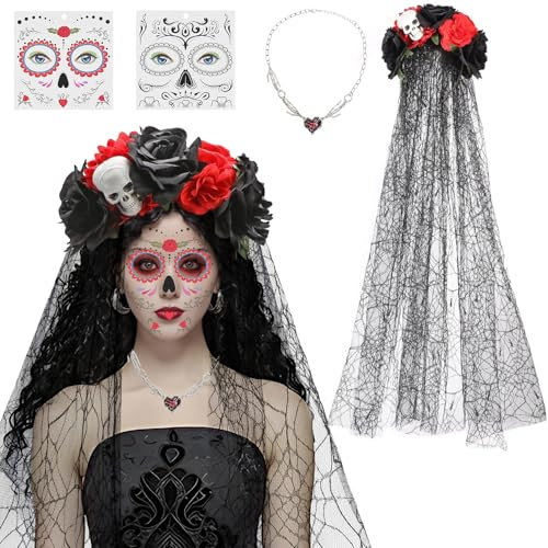 Forhandy Halloween Rosen Totenkopf Haarreif und Gesicht Tattoos, Dia de los Muertos Halloween Kostüm Damen Haarreif Totenkopf Rosen mit “Heart” Halskette für Halloween Karneval Kostüm Party