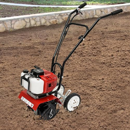 JDBDU 52CC 2-Takt Gartenfräse Benzin, 1.9KW Ackerfräse Gartenfräse Motorhacke 6500-7000U/min Benzin Kultivator Motorhacke Bodenfräse Bodenhacke Kultivator für Pflügen, Ackern, Furchen ziehen