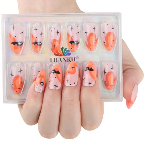 Ebanku Halloween Lot De 32 Faux Ongles Courts À Pression En Amande Avec Motif De Chauve-souris Mignon, Couverture Complète, Ongles En Acrylique Brillant Pour Femmes