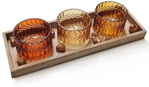 Logbuch-Verlag Kleines Tischgesteck Herbst mit orangen Teelichtgläsern und goldenen Eicheln auf einem Deko Tablett Holz 36 x 13 x 8 cm