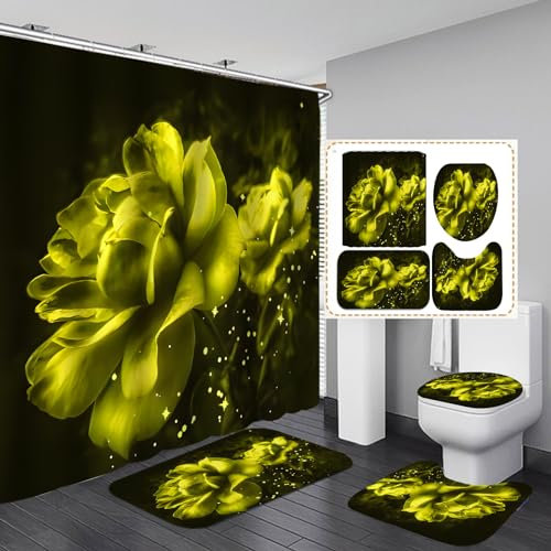 Badezimmermatte Senfgelb Schwarz Bad Teppiche Set 3 Teilig,rutschfeste Bath Mat(50x80cm)+U-Typ Wasseraufnahme Badmatte+Schnelltrocknend Badezimmerteppich