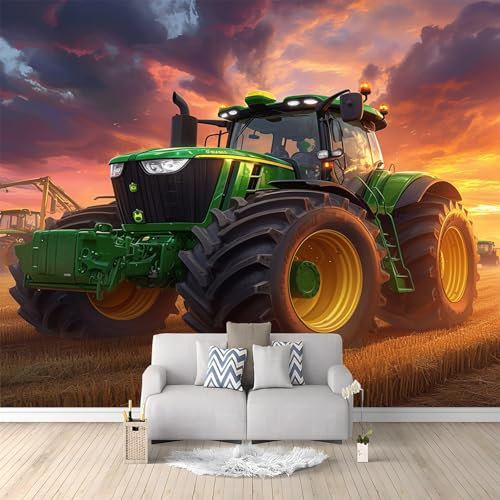 Traktor Im Landhausstil Tapete Wandbild 3D Fototapete Grün Vliestapete Wandtapete Foto für Modernes Design der Fernseh Hintergrund Wand-Kunst-Deko, 200x140 cm