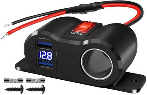 GIBBAB Zigarettenanzünder Steckdose 12V 120W 2x QC3.0 LED-Voltmeter für Kfz | Drei Geräte gleichzeitig laden – Anschluss für Pumpe, Kühlbox & Inverter, 3-fach 10A Sicherung, roter Schalter, für Wohnmobil