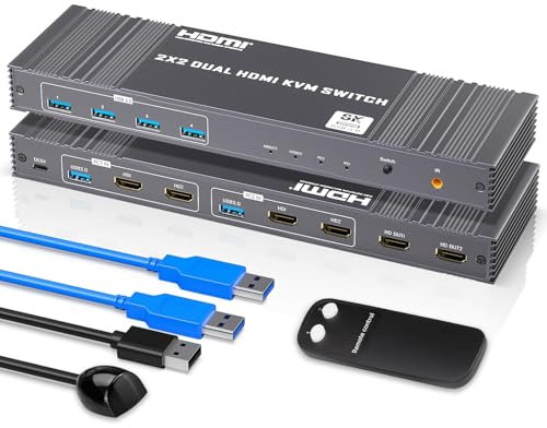 8K Dual HDMI KVM Switch 2 Monitors 2 Computers 8K@60Hz/4K@144Hz,Support 2 Computer Dual Monitors and 4 USB 3.0 Devices,Share Keyboard Mouse Printer with IR Controller
