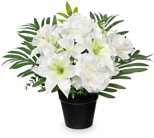 Hollyone Fleurs artificielles en soie pour tombe, fausses roses blanches et lys dans un pot noir, arrangements floraux funéraires pour cimetière, service commémoratif
