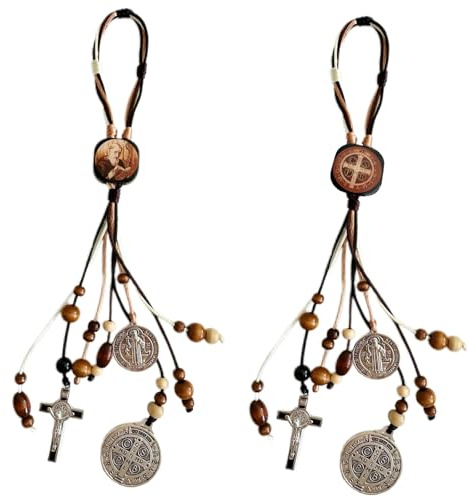 2PCS/Set Medalla De San Benito,Escapularios Wooden Beads Rosary St Benedict Medals for Door with Saint Benedict Cross Crucifix Catholic Gift Set for Car Hanging Charm Home Door Hanger Decor (2PCS Wood coffee)