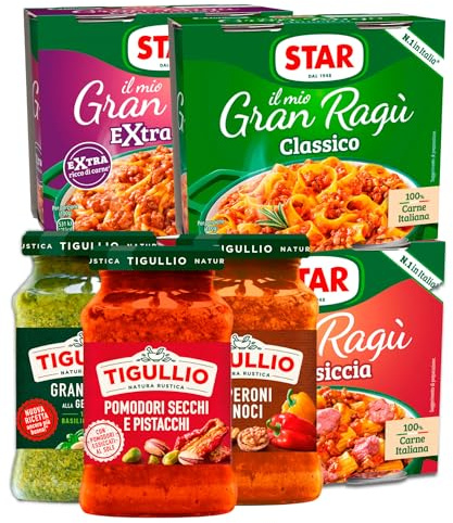 Star Il Mio Gran Ragù Sugo Pronto ai Gusti Classico Extra Gusto e Salsiccia 6 Lattine 180g + Tigullio Pesto Genovese 1 Barattolo 190g + Pesto Peperoni Noci e Pomodori Secchi Pistacchi 2 Barattoli 185g