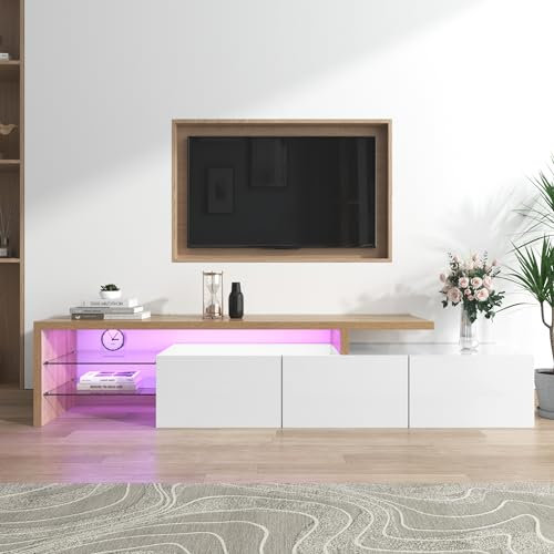 Merax High Gloss TV cabinet, TV Stand Storage Sideboard with 3 Door, 7 colors LED strip, high-gloss white, wooden look, glass shelves, for 65 inch TV, White/192.5 x 39 x 42 cm
