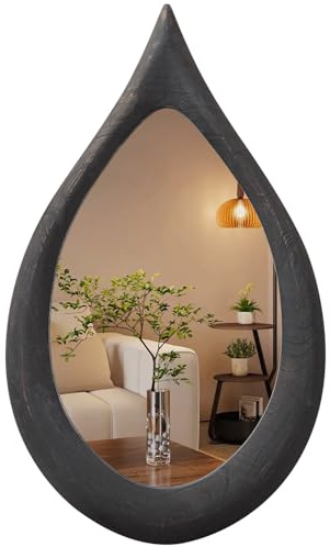 FEUFOAM Teardrop Wall Mirror Wood Frame Irregular Bathroom Mirrors Large Vintage Black Asymmetrical Decorative Accent Mirror for Bedroom Living Room Entryway Dressing Room