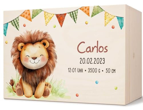 GRAVURZEILE Erinnerungskiste für Babys - Partytiere Löwe - Personalisiert mit Name & Datum - Holzkiste für Mädchen & Jungen - Geschenk für Baby zur Geburt - Erinnerungsbox für Neugeborene