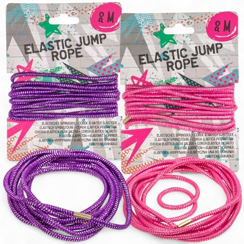 MIJOMA Gummitwist Set – 2 elastische Springseile je 2 m – für Kinder & Erwachsene – farbenfrohes Hüpfspiel für draußen – robust & flexibel – 2 Farben sortiert (Pink & Lila)