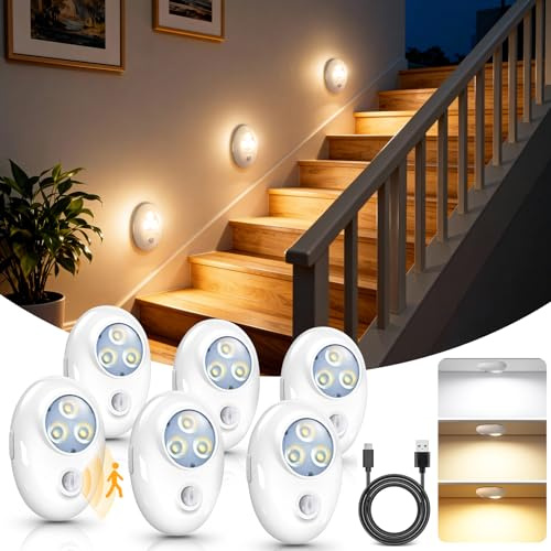 Motion Sensor Lights Indoor, 6 Pack Rechargeable LED Night Lights, Wireless Magnetic Stick-On Wall Lights, Auto On/Off Stair & Hallway Lighting, Dimmable Under Cabinet Lights for Bedroom, Kitchen