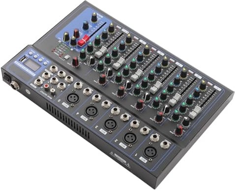 7-Kanal Audio Mixer Mischpult – Professionelles Kompaktes DJ Mischpult mit 48V Phantomspeisung, 6 Musikmodi, Echtzeit-Monitoring für Live-Auftritte, Studio & Karaoke (Schwarz, Metall)