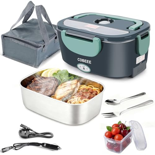 CDBEEE Electric Lunch Box, 1.5L Portable Food Warmer for Warming Meals | 80W Fast Heating, Insulated Bag and Cutlery Set,12V/24V/110V Lunch Warmer for Work, Car,Travel, Spill-Free, Dishwasher-Safe
