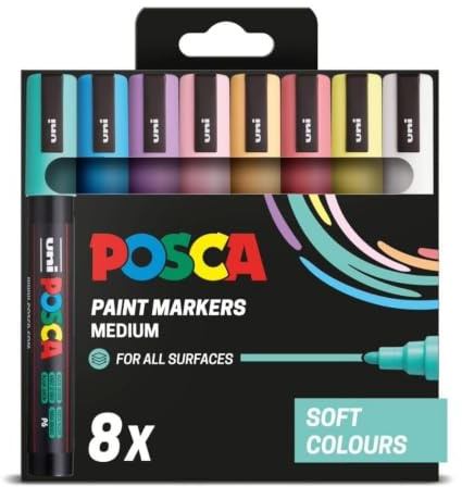 POSCA PC-5M Medium Tip Acrylic Paint Marker Pens, Soft Colours (8-Pack) | 1.8–2.5 mm Medium Tip, for All Surfaces, Non-Toxic, Water-Based