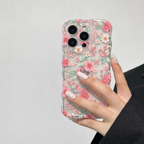 RALEAVO for iPhone 15 Pro Flower Phone Case, Cute Wavy Floral Cover, Pink | For iPhone 15 Pro Case for Girls Women Gift, Aesthetic Spring Curly Shockproof Protective Soft TPU Bumper Cover