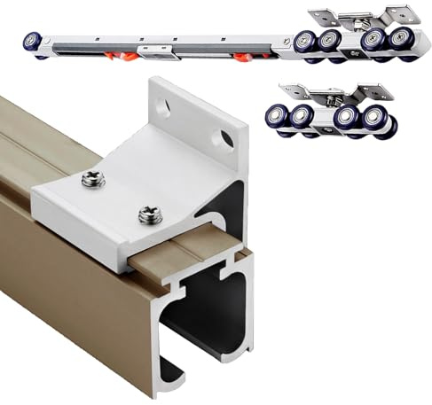 EXCLURA Schiebetür Schiene Soft-Close-Schiebetürschiene mit Wandhalterung, Verbessertes Beschlagset für Schiebetüren, Taschen-Türrahmen-Set mit Hoher Tragkraft(Champagne,2.2m/7.2ft)