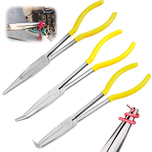 RANJIMA 3-teiliges Spitzzangen Set, 280mm Extra Lange, Gerade 0° / Gebogen 45° / 90° Gebogene Spitzzange mit Gezackter Backe, 11 Langnasenzangen Set für Enge Räume & Schwer zugängliche Bereiche, Gelb