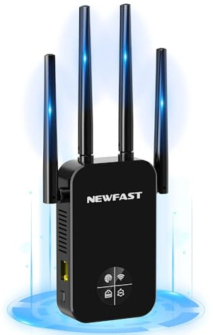 NEWFAST Ripetitore WiFi Potente per Casa, 1200Mbps WiFi Extender Dual Band 2.4GHz/5GHz con 4 Antenne ad Alto Guadagno, Porta Ethernet, WPS, Display Intelligente, Supporta 3 Modalità(Nero)