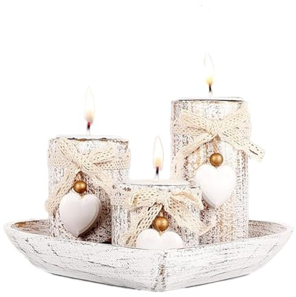 Molyorch Juego de 3 piezas de decoración de velas con corazones en diseño vintage, portavelas de madera con bandeja, para Navidad, mesa de salón