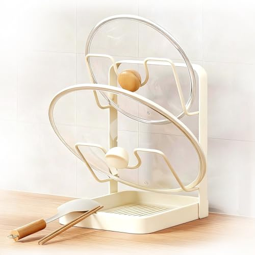 U-shaped Groove Pots Cutting Board Holder, Kitchen Pot Lid Storage Rack, Pot Lid Holder while Cooking with Removable Drip Tray, Multifunctional Kitchen Pot Cover Organizer (White, Double-layer)