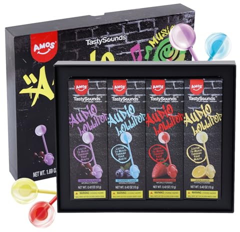 AMOS TastySounds Audio Lollipop, Multi Flavor Sugar Free Music Candy Sweets | Interactive Sing Lollipop Uses Bone Conduction to Play Music. Individual Wrapped Fun Party Favor & Gift Bag Filler for Kids