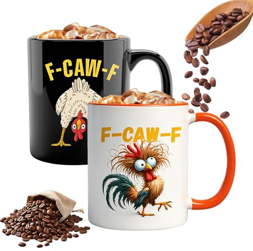 LYPPUL 2 Pack F-CAW-F Lustige Hühner Tasse, 350 ml Neuheit Keramik Rooster Tasse, F-Caw-F Keramik Kaffeetasse Mit Hühnermotiv, Neuartige Huhn-Kaffeetasse Mit Henkel Für Hühnchen Liebhaber Geschenk