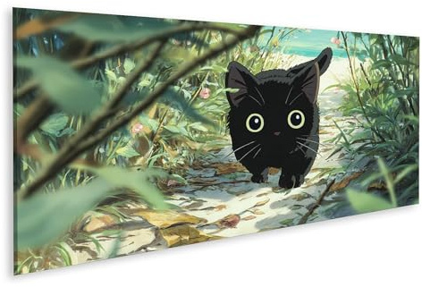 islandburner Bild auf Leinwand Niedlicher schwarzer Kater im Studio Ghibli Stil als Wandbild - Panorama