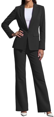 Suit for Women, Ladies 2 Piece Formal Jacket and Wide-Leg Trouser Suit, Single Button Notched Lapel, for Wedding Business Formal Work Wear M Black