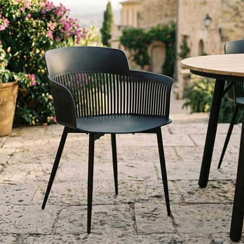 IDIMEX Gartenstühle MANTEY 4er Set, Schwarz - Schalenstühle für Indoor & Outdoor, Stühle mit Armlehnen, wetterfeste Dining Stühle aus Kunststoff mit Metallgestell, Esszimmerstühle mit Lamellenoptik