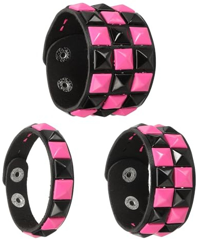 QUARKZMAN 3 Stück Leder Punk Armband 8.7/22cm Emo Grunge Pink | Quadratische Nieten Goth Spike Nieten, Verstellbares Handgelenkband Manschette Armspange, Für Halloween Party Favoriten