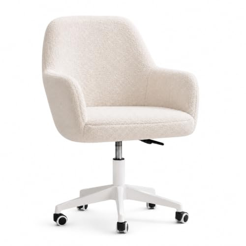 EGGREE 360° Drehbarer Schminktischstuhl aus Teddy Bouclé-Stoff, Cremeweiß | Mit Rollen & Armlehnen, höhenverstellbar, 8 cm dickes Sitzkissen, für Schminktisch & Home Office, belastbar bis 150 kg