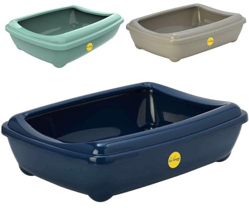 CAT CENTRE Dark Blue Open Cat Litter Tray With Rim Large 50cm Kitten Pet Toilet Plastic Loo Pan Box Anti-Spillage Portable Rounded Corners Detachable Rim Easy Cleaning No Spilling